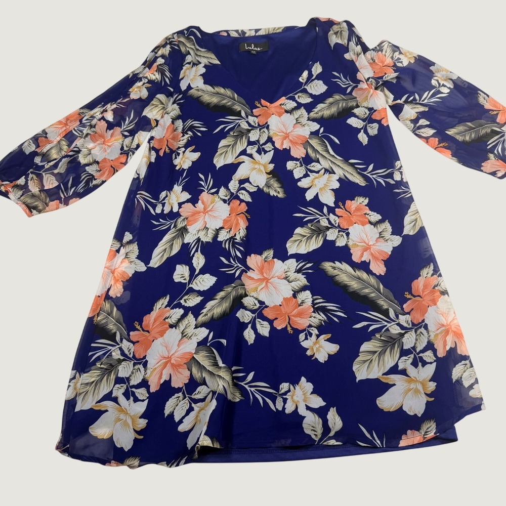 Lulus Tropical Floral Shift Dress XS Blue Orange Split Sleeve Chiffon wedding